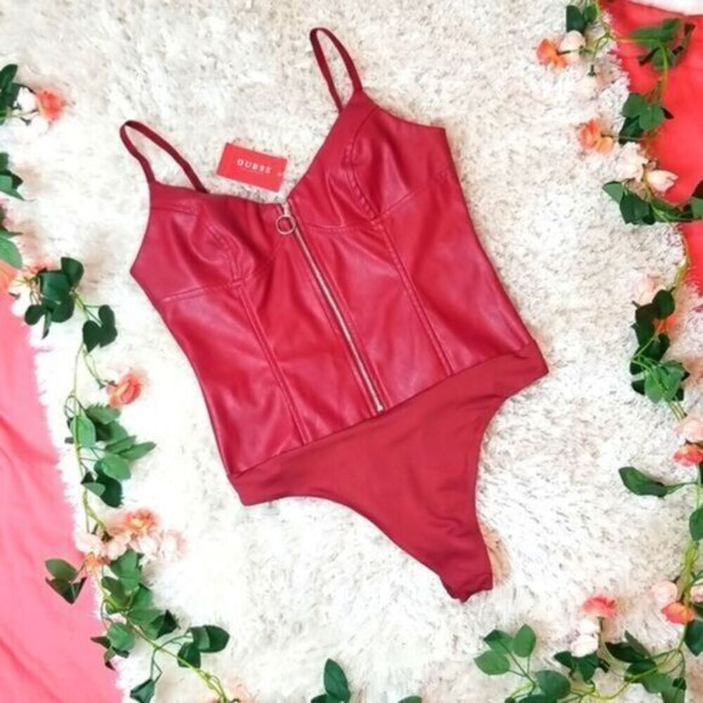 Guess IFRA PU Red Zip Up Corset Style Bodysuit Size M